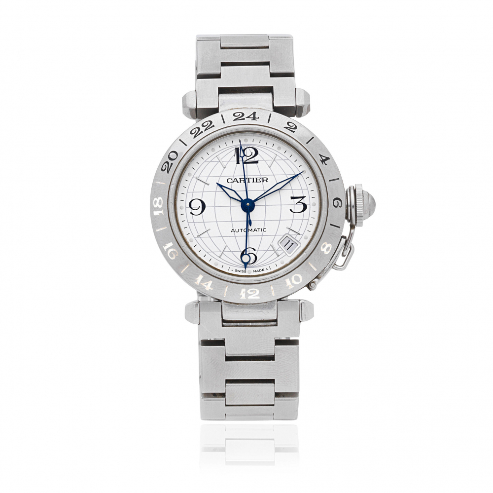 Cartier. A stainless steel automatic calendar bracelet watch with dual time zone