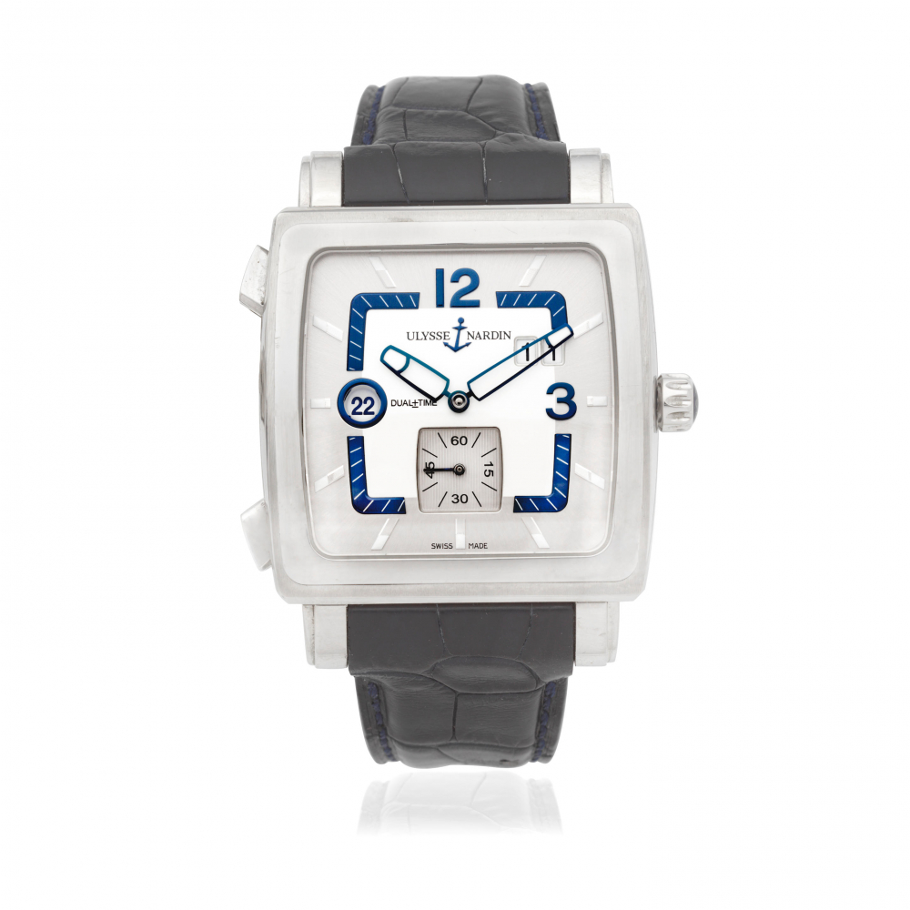 Ulysse Nardin. A stainless steel automatic square form calendar wristwatch with dual time zone