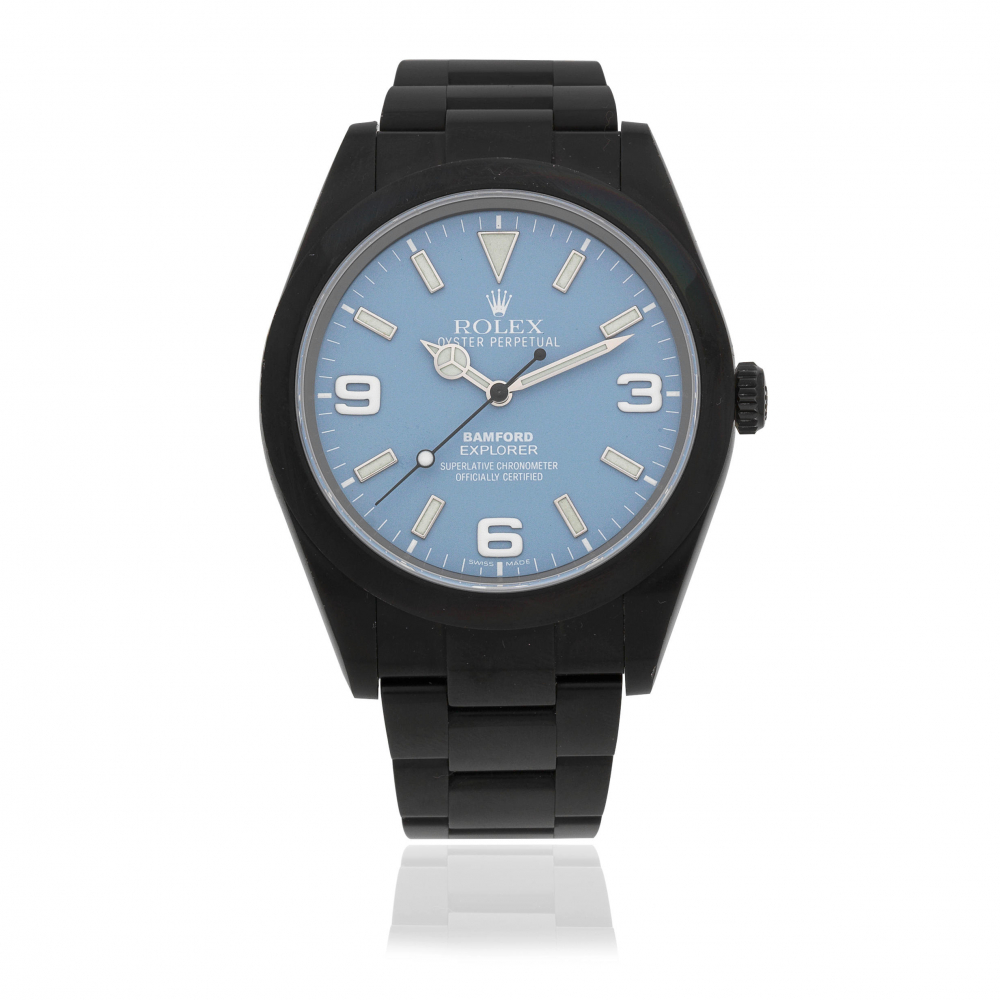 Rolex customised by Bamford. A black DLC coated stainless steel automatic bracelet watch