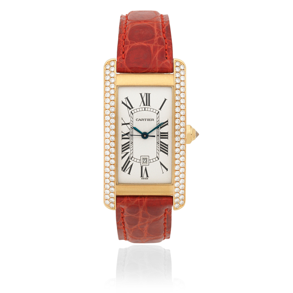 Cartier. An 18K gold diamond set automatic calendar bracelet watch
