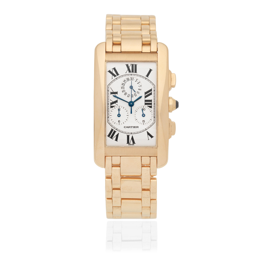 Cartier. An 18K gold quartz calendar chronograph bracelet watch