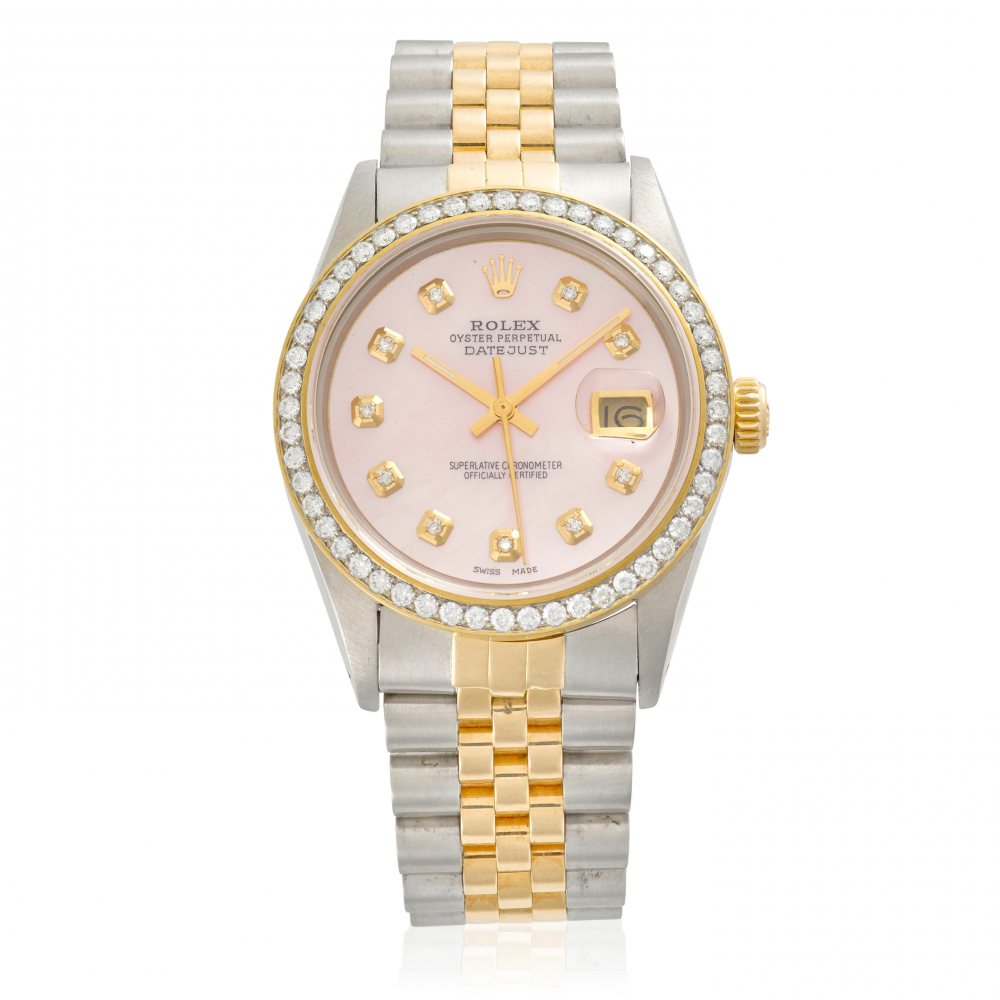 ROLEX. A STAINLESS STEEL, GOLD AND DIAMOND AUTOMATIC CALENDAR BRACELET WATCH