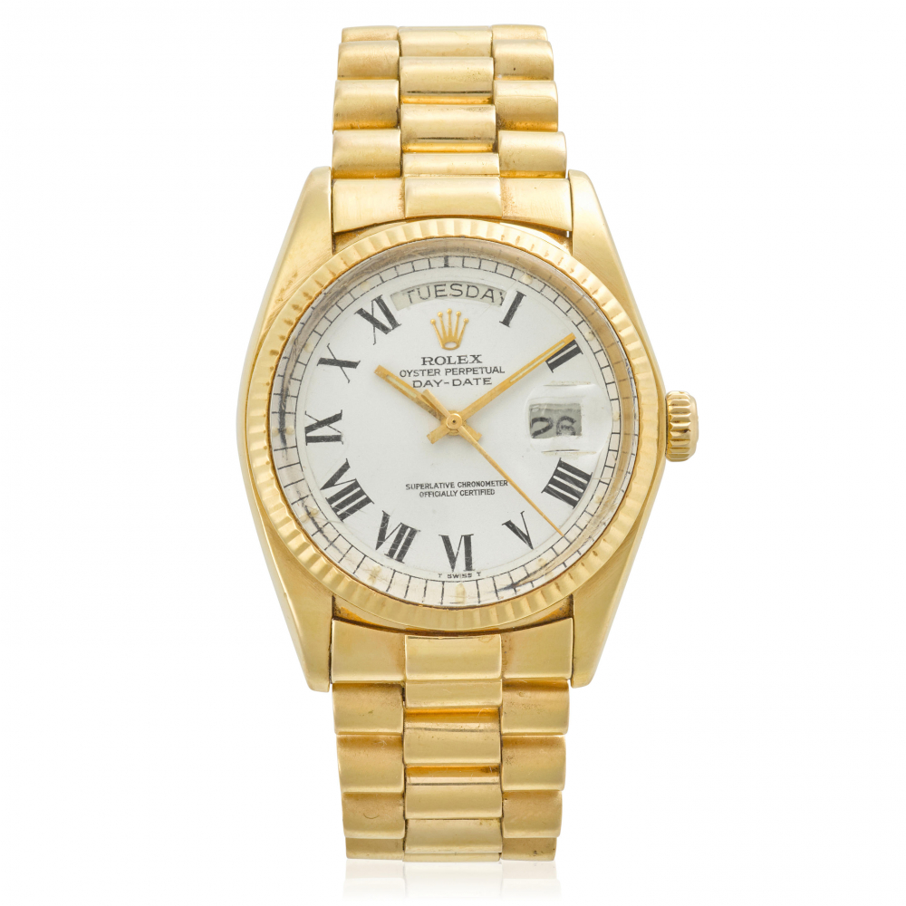 ROLEX. AN 18K GOLD AUTOMATIC CALENDAR BRACELET WATCH