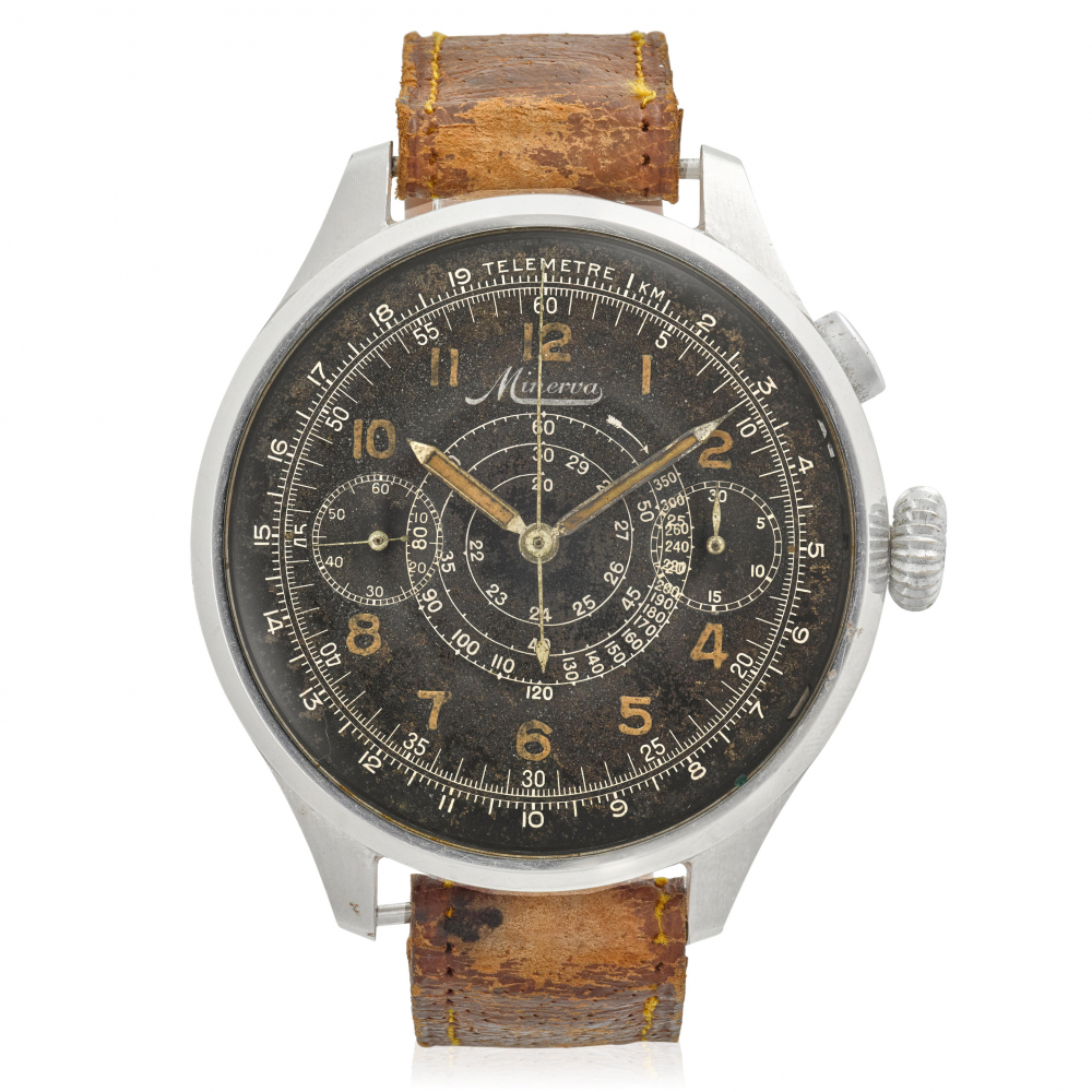 MINERVA. A FINE STAINLESS STEEL MANUAL WIND MILITARY MONOPUSHER CHRONOGRAPH WRISTWATCH WITH 'GILT' DIAL