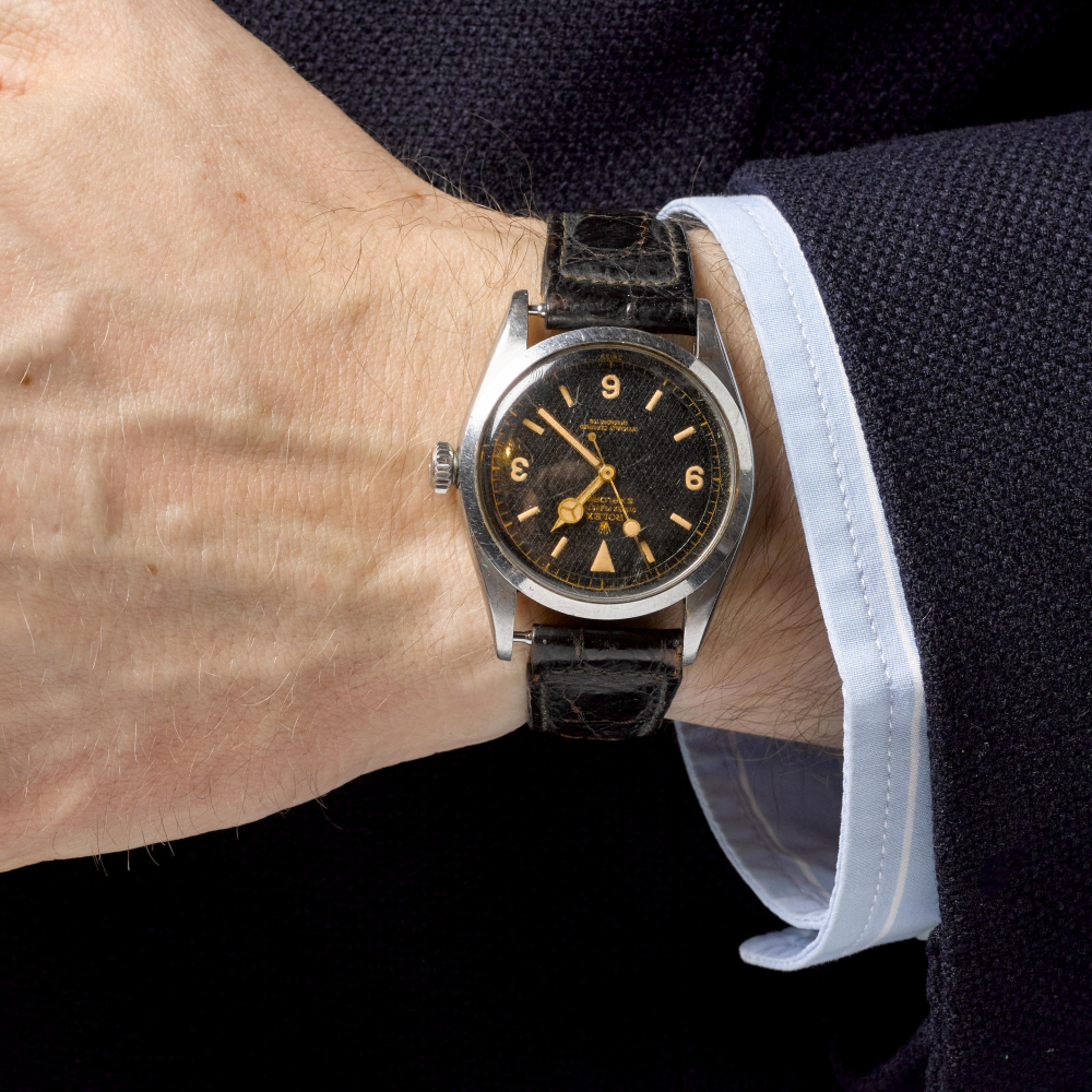 ROLEX. A FINE AND RARE STAINLESS STEEL AUTOMATIC WRISTWATCH