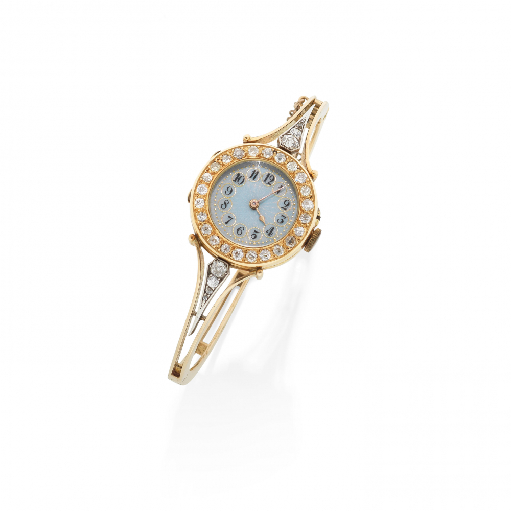 LE ROY & FILS: GOLD, ENAMEL AND DIAMOND WATCH BANGLE, CIRCA 1894