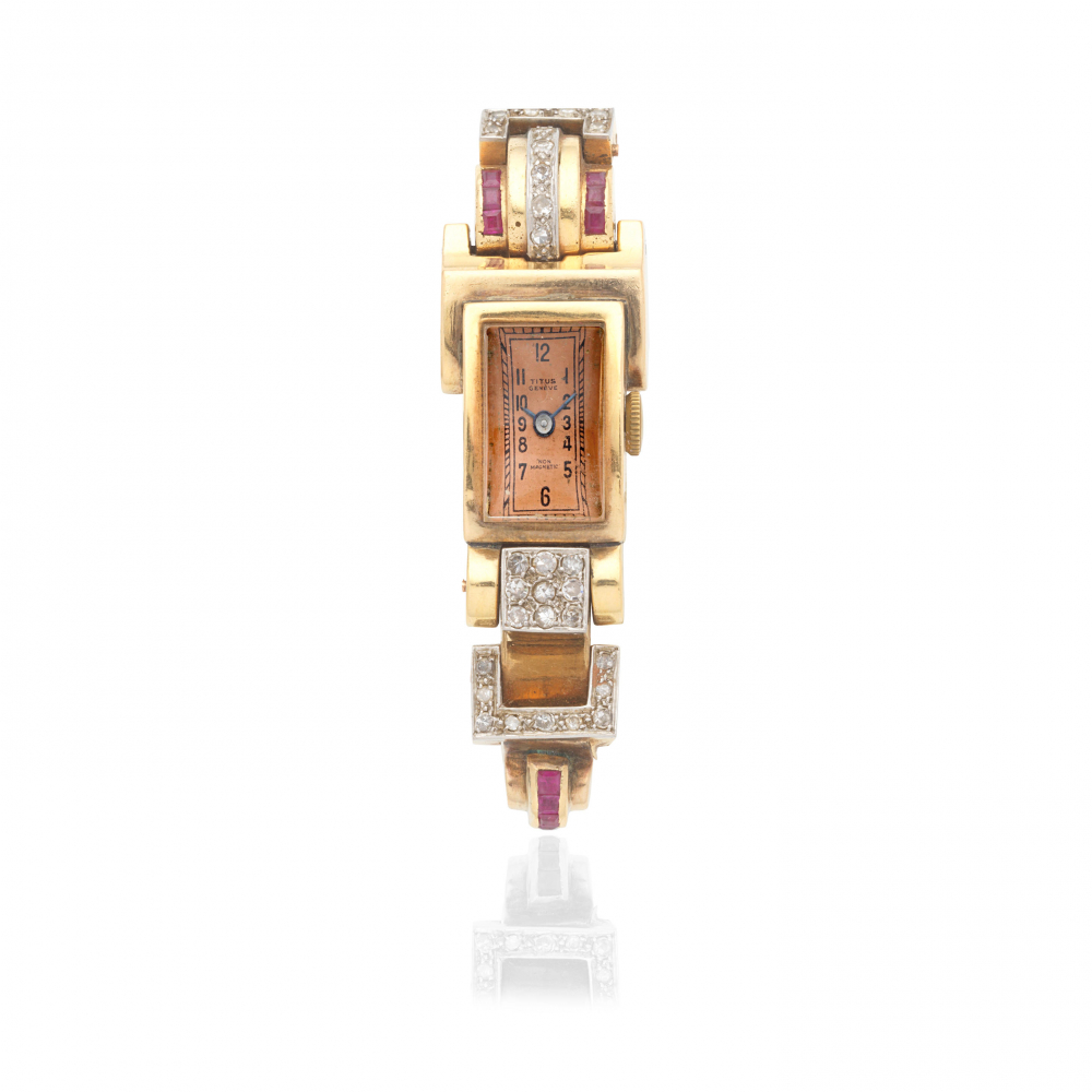 TITUS: RUBY AND DIAMOND COCKTAIL WATCH, CIRCA 1940