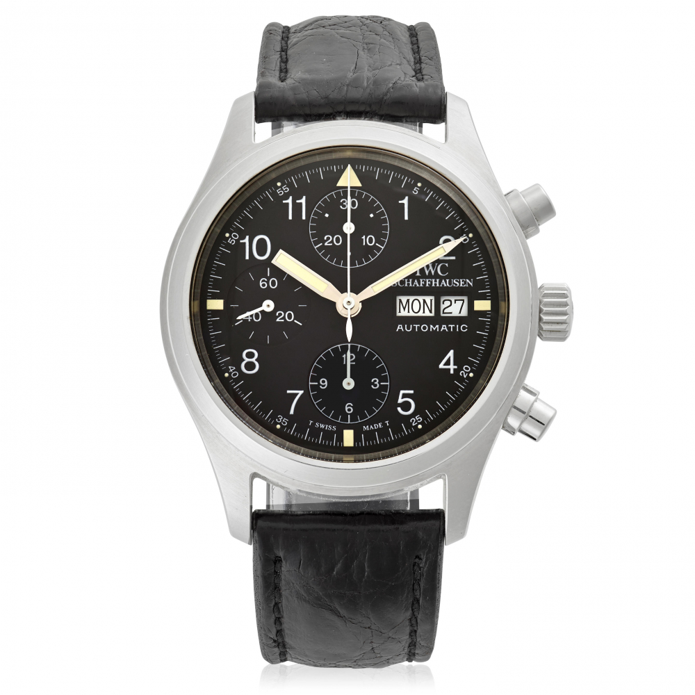 IWC. A STAINLESS-STEEL AUTOMATIC CALENDAR CHRONOGRAPH WRISTWATCH
