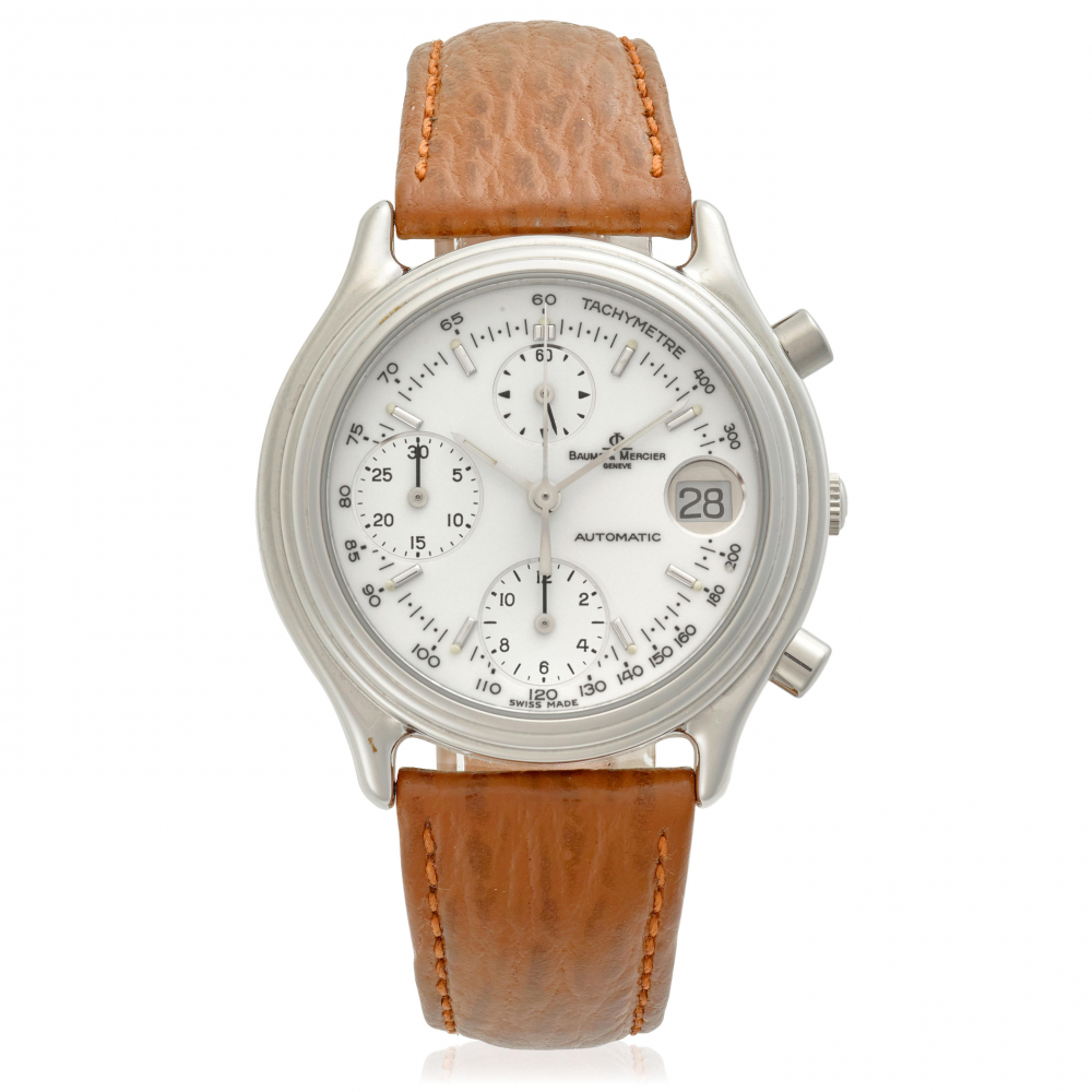 BAUME & MERCIER. A STAINLESS STEEL AUTOMATIC CHRONOGRAPH CALENDAR WRISTWATCH