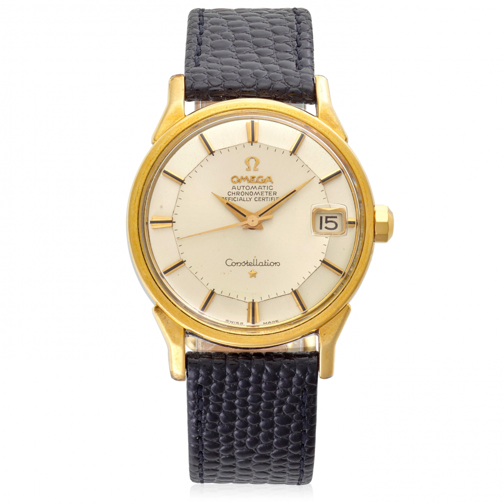 OMEGA. A GOLD PLATED STAINLESS STEEL AUTOMATIC CALENDAR WRISTWATCH