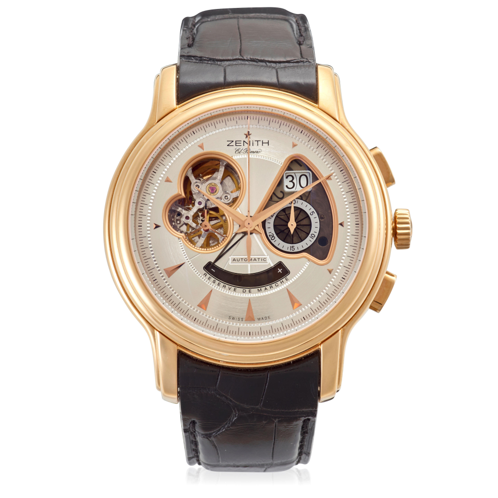 ZENITH. AN 18K GOLD AUTOMATIC CALENDAR CHRONOGRAPH WRISWATCH WITH POWER RESERVE INDICATION