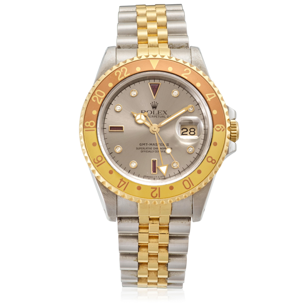 ROLEX. A STAINLESS-STEEL AND GOLD AUTOMATIC BRACELET WATCH WITH DUAL TIME ZONE AND DATE