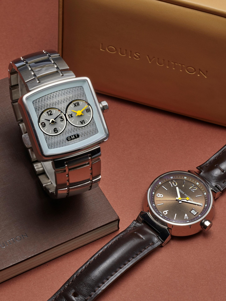 LOUIS VUITTON | TAMBOUR, REF.Q1311 & Q2371, A SET OF TWO STAINLESS STEEL WATCHES, ONE WITH GMT FUNCTION, CIRCA 2018
