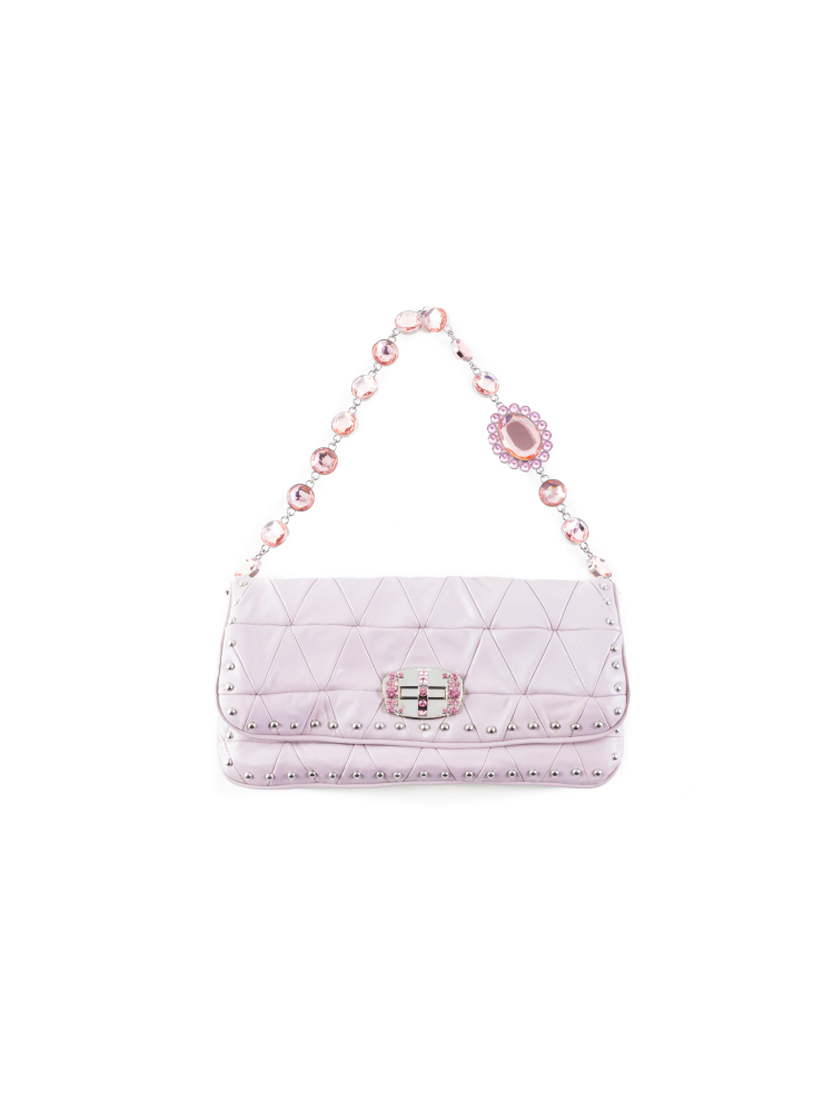MIU MIU: DUSTY PINK QUILTED LEATHER ICONIC FLAP BAG CRYSTAL CHAIN