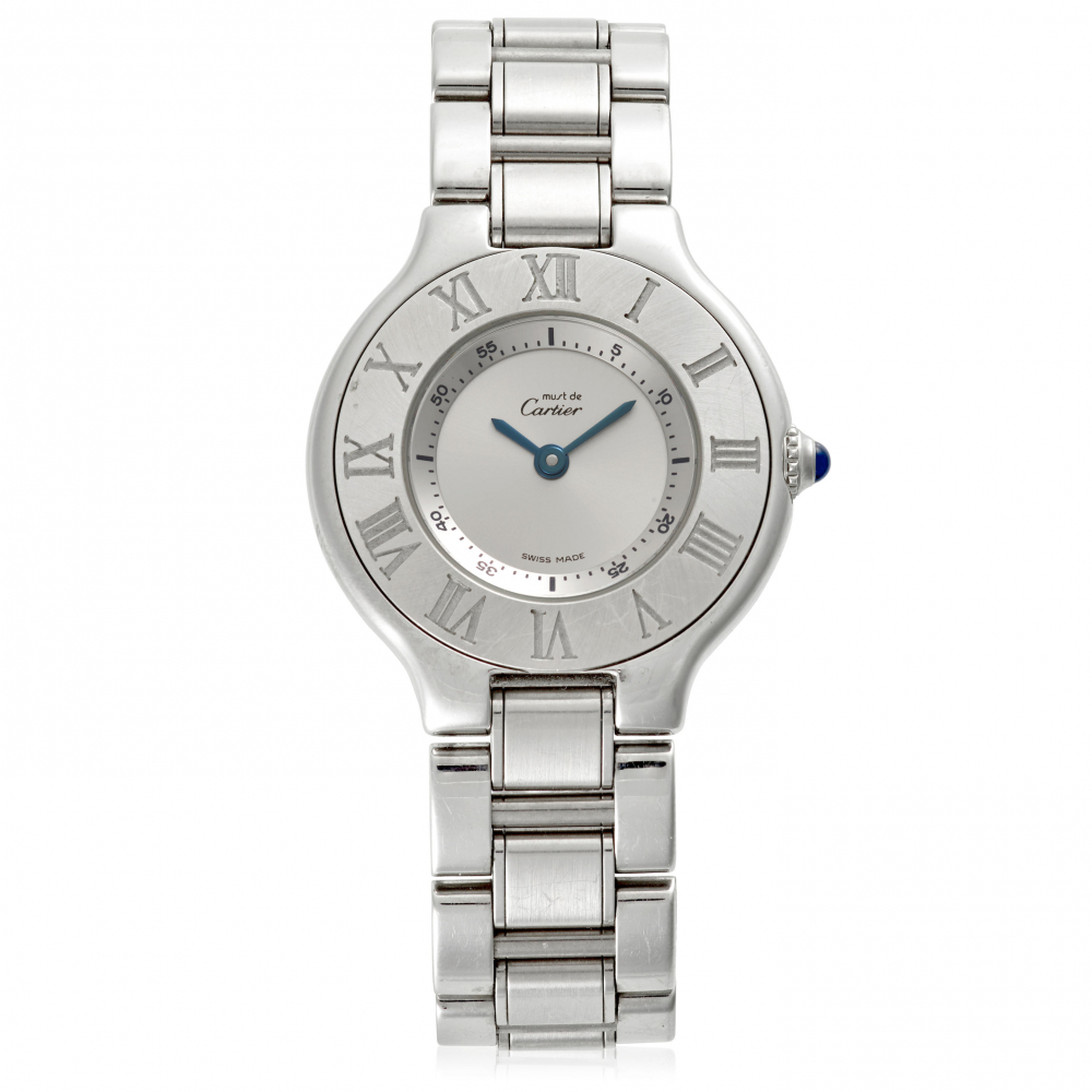 CARTIER. A LADY'S STAINLESS STEEL QUARTZ BRACELET WATCH