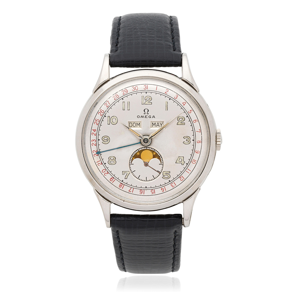 Omega. A stainless steel manual wind triple calendar wristwatch with moon phase