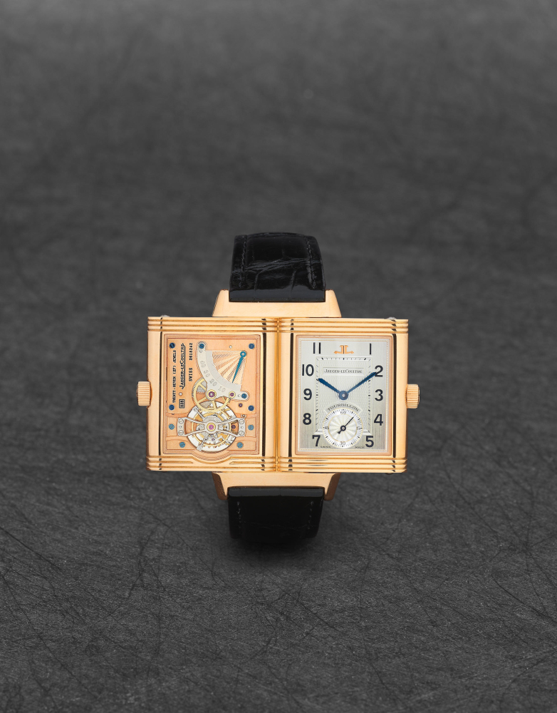 Jaeger-LeCoultre. A fine and rare limited edition 18K rose gold manual wind reversible wristwatch with Tourbillon and power reserve
