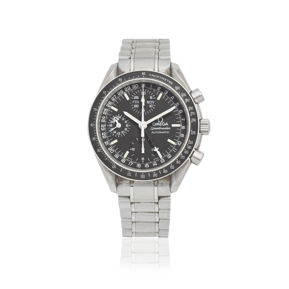 Omega. A stainless steel automatic triple calendar chronograph bracelet watch
