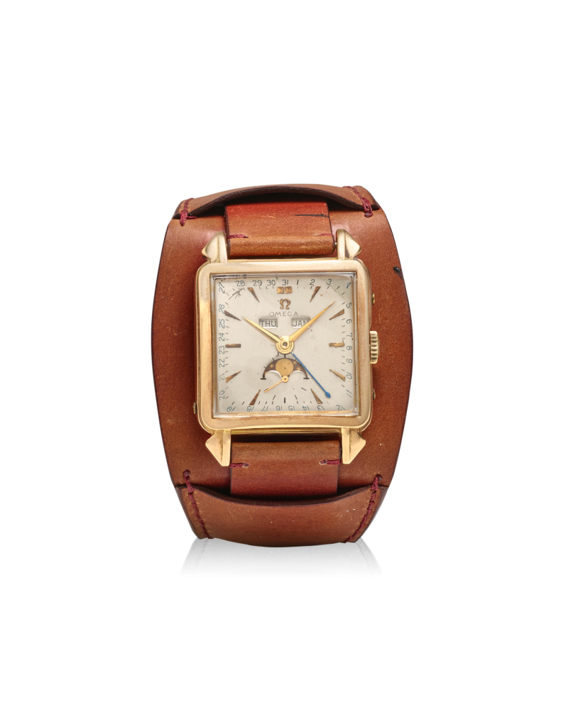 OMEGA. AN 18K GOLD MANUAL WIND TRIPLE CALENDAR WRISTWATCH WITH MOON PHASE