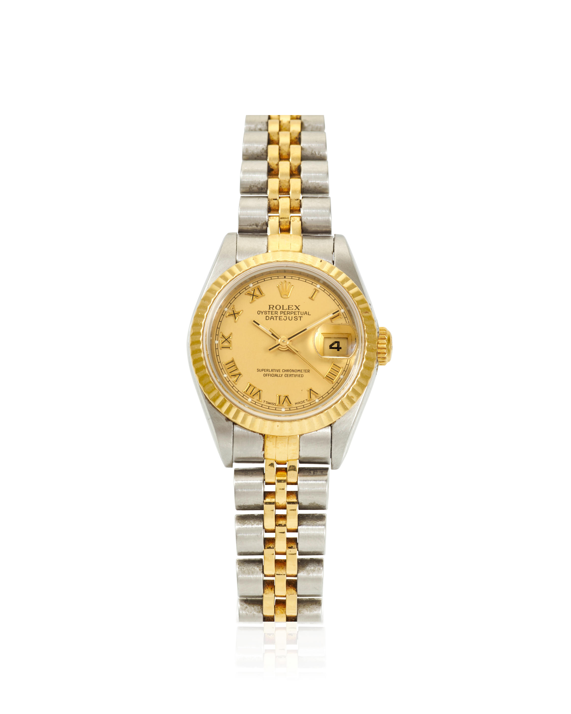ROLEX. AN 18K GOLD AND STAINLESS STEEL AUTOMATIC CALENDAR BRACELET WATCH