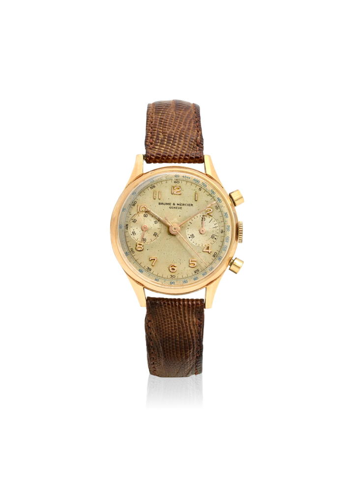 BAUME & MERCIER. AN 18K GOLD MANUAL WIND CHRONOGRAPH WRISTWATCH