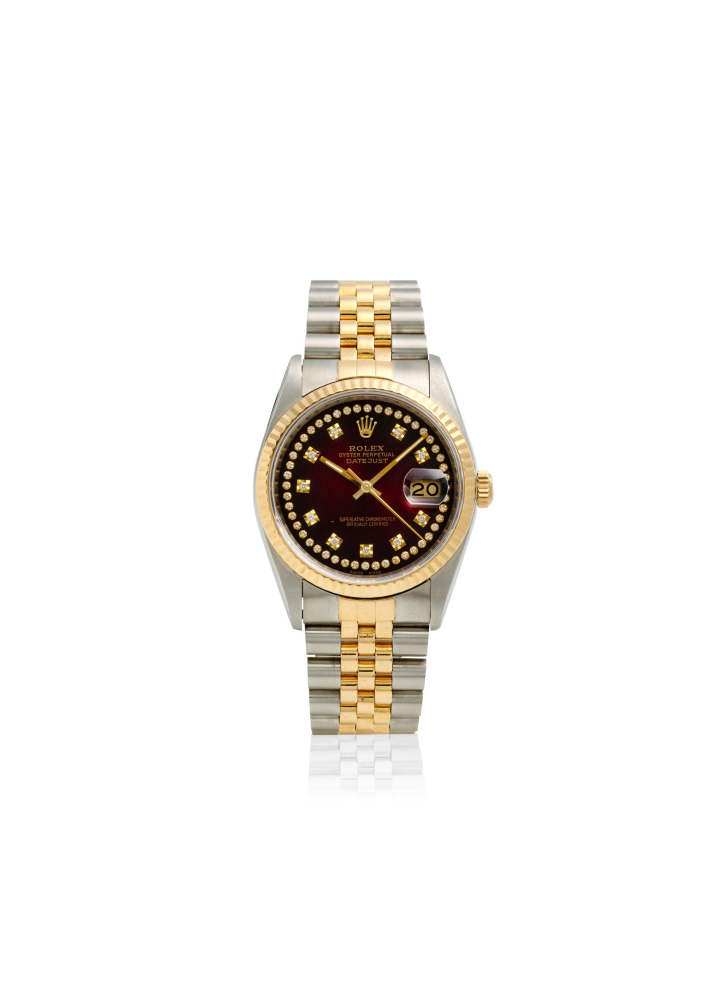 ROLEX. A STAINLESS STEEL AND GOLD AUTOMATIC CALENDAR BRACELET WATCH WITH AFTERMARKET DIAMOND SET DIAL