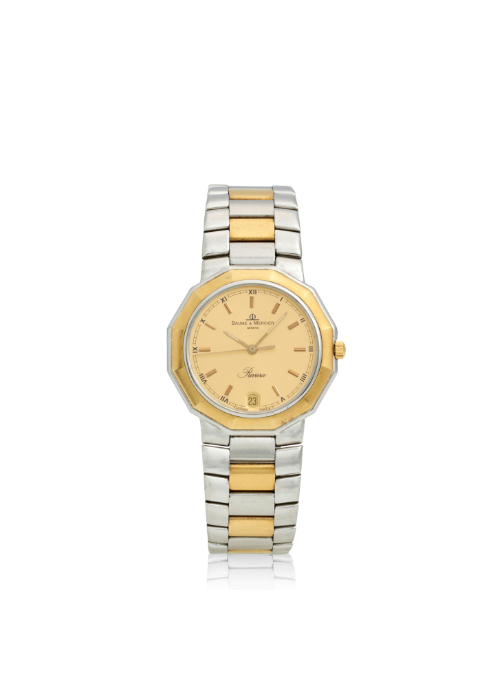 BAUME & MERCIER. A STAINLESS STEEL AND GOLD QUARTZ CALENDAR BRACELET WATCH