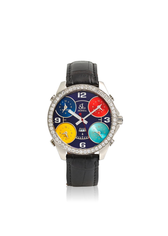 [NO RESERVE] JACOB AND CO. A STAINLESS STEEL DIAMOND SET QUARTZ CALENDAR WRISTWATCH