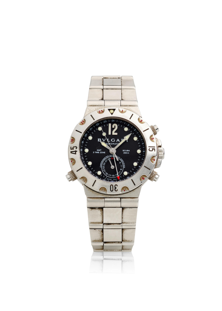 [NO RESERVE] BULGARI. A STAINLESS STEEL AUTOMATIC CALENDAR BRACELET WATCH WITH TRIPLE TIME ZONE DISPLAY