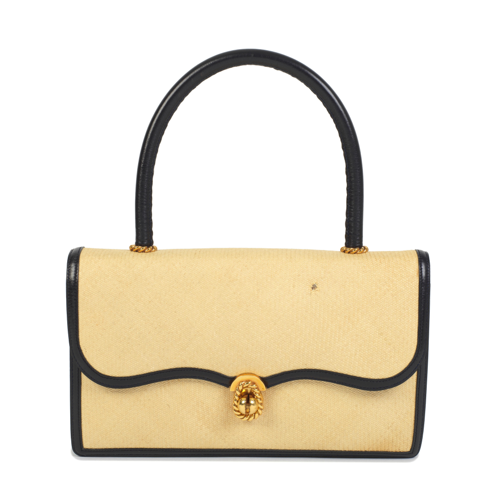 Hermès: a Natural Raffia and Navy Calfskin Sac Escale