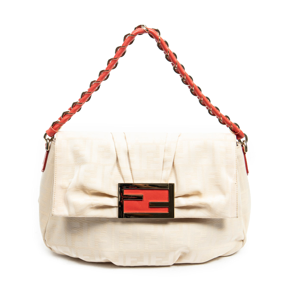FENDI. Sac "Baguette Mia" en toile FF beige et cuir rouge.