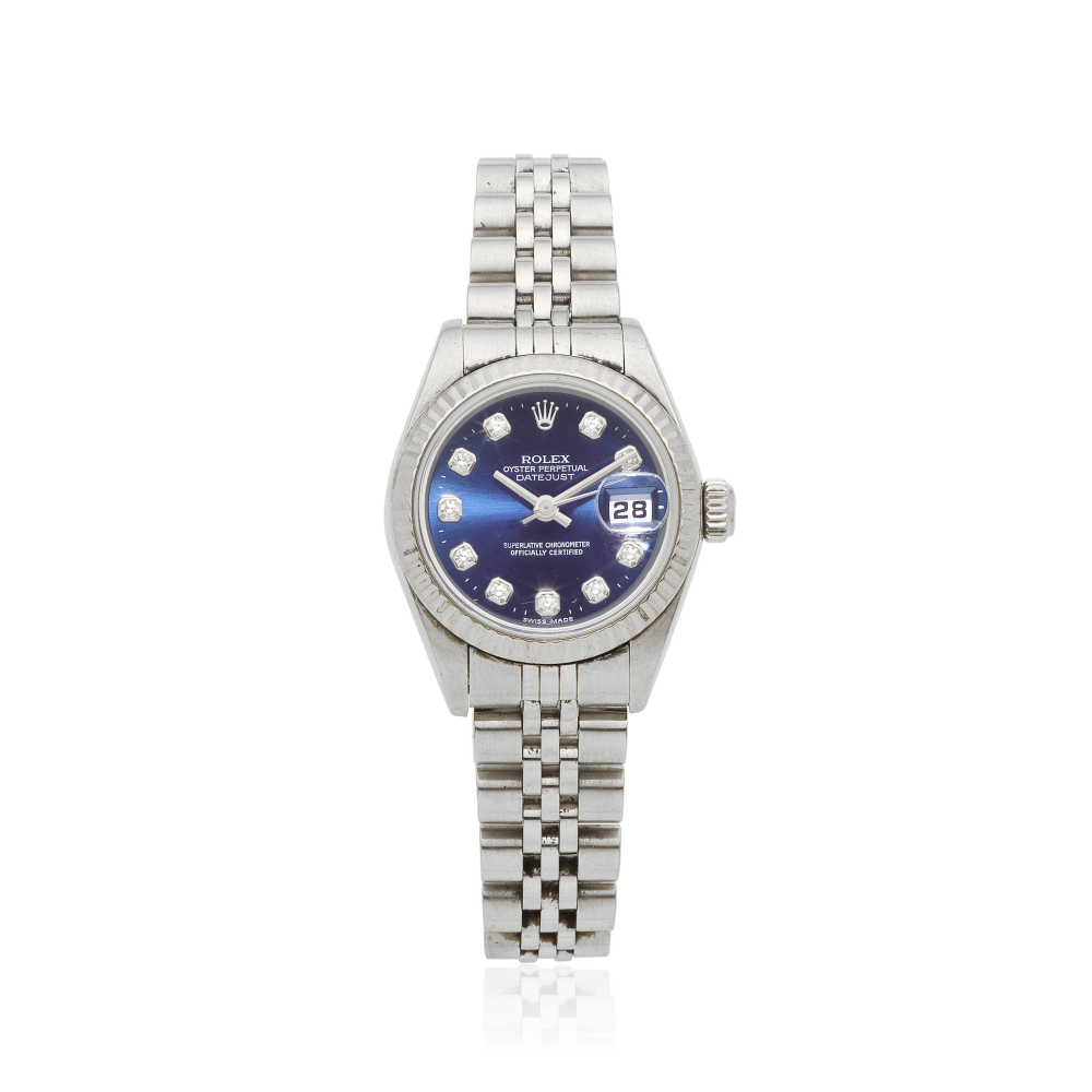 Rolex. A fine lady's stainless steel and 18K white gold automatic calendar bracelet watch with diamond set dial