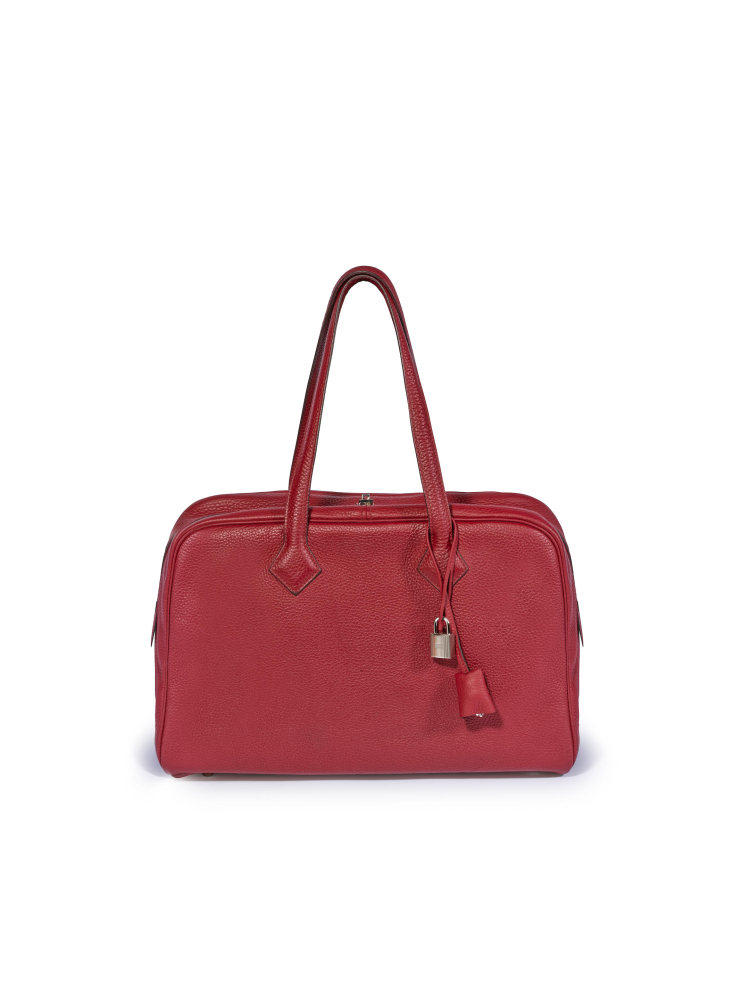 HERMÈS: ROUGE GARANCE TAURILLON CLEMENCE VICTORIA TRAVEL BAG WITH PALLADIUM HARDWARE 2016