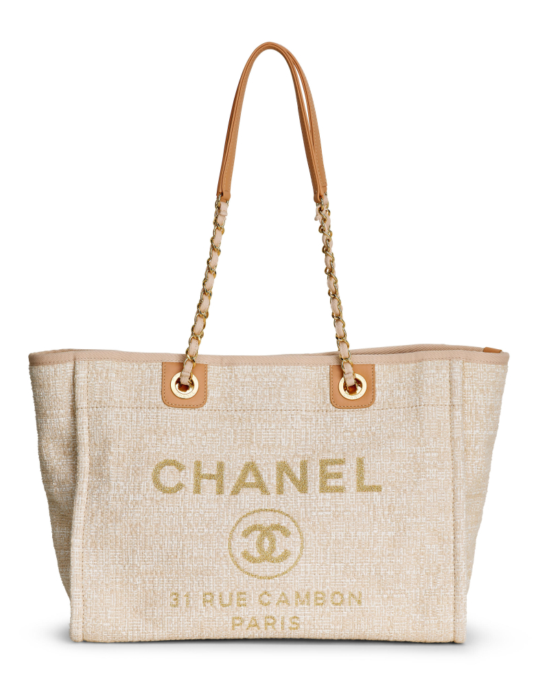 CHANEL: BEIGE CANVAS DEAUVILLE 31 RUE CAMBON PARIS TOTE BAG WITH GOLD TONED HARDWARE 2018