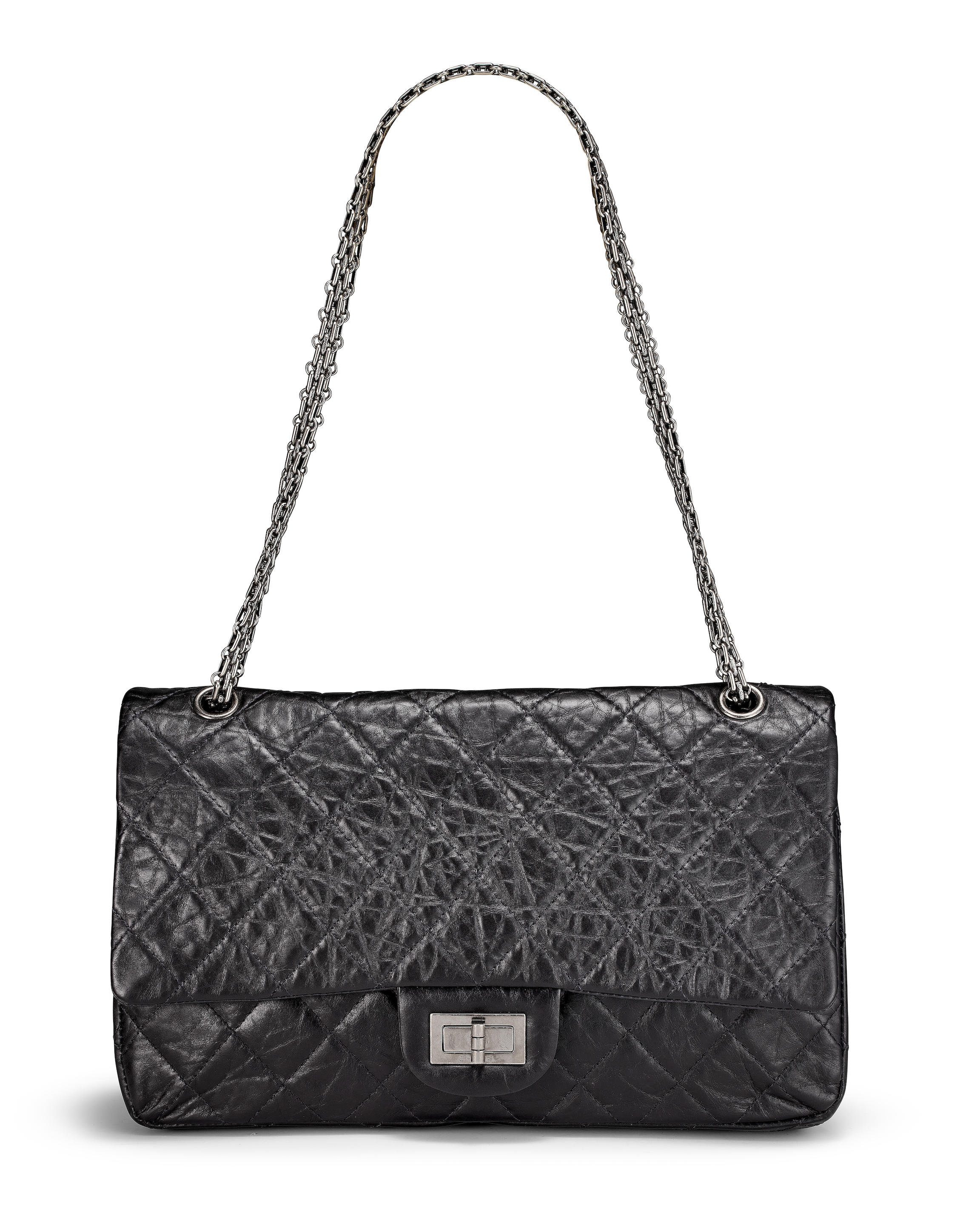 CHANEL: BLACK AGED CALFSKIN QUILTED 2.55 WITH RUTHENIUM TONED HARDWARE 2011