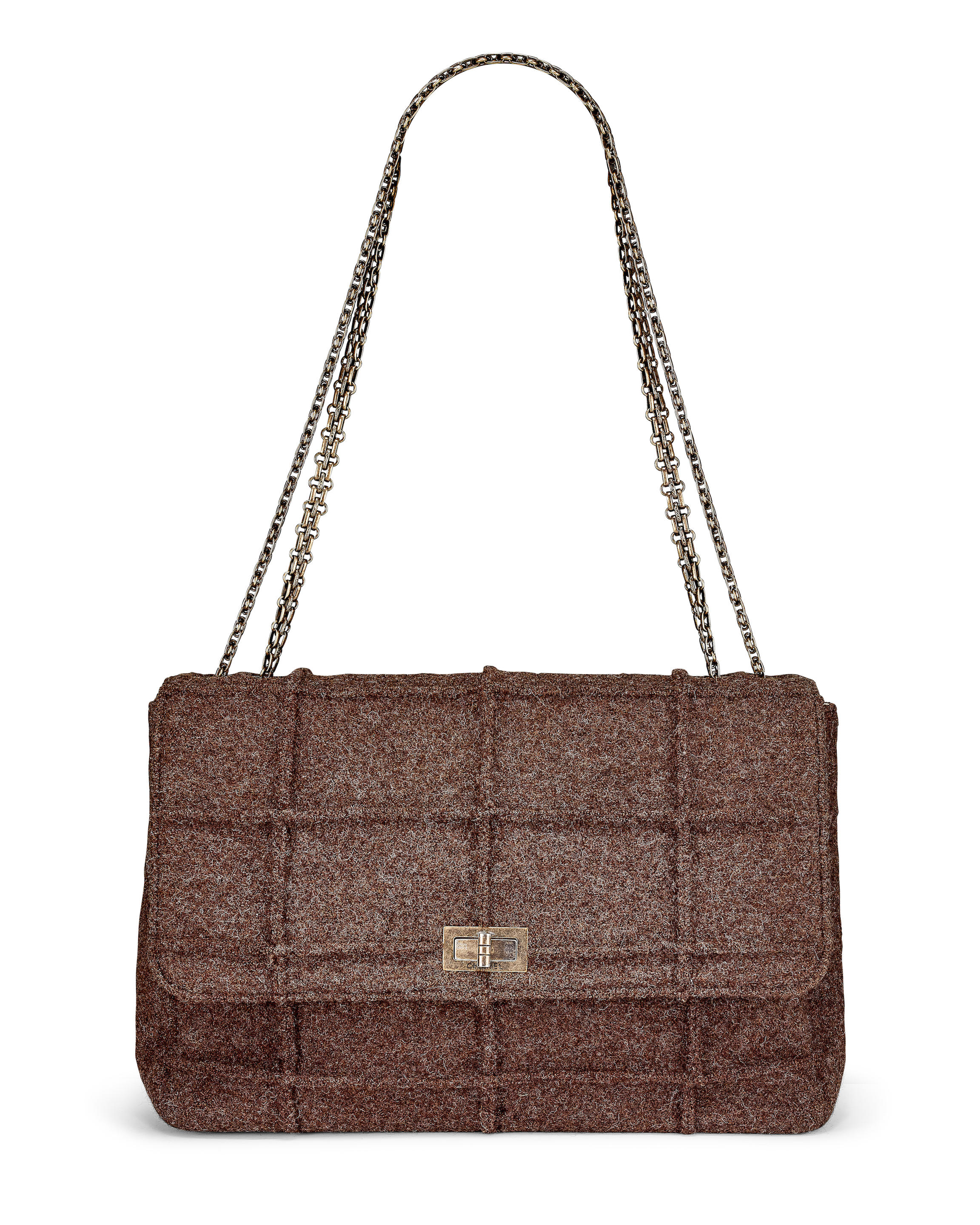 CHANEL: CHANEL lDENTIFICATION BROWN WOOL 2.55 FLAP BAG WITH AGED RUTHENIUM HARDWARE 1997