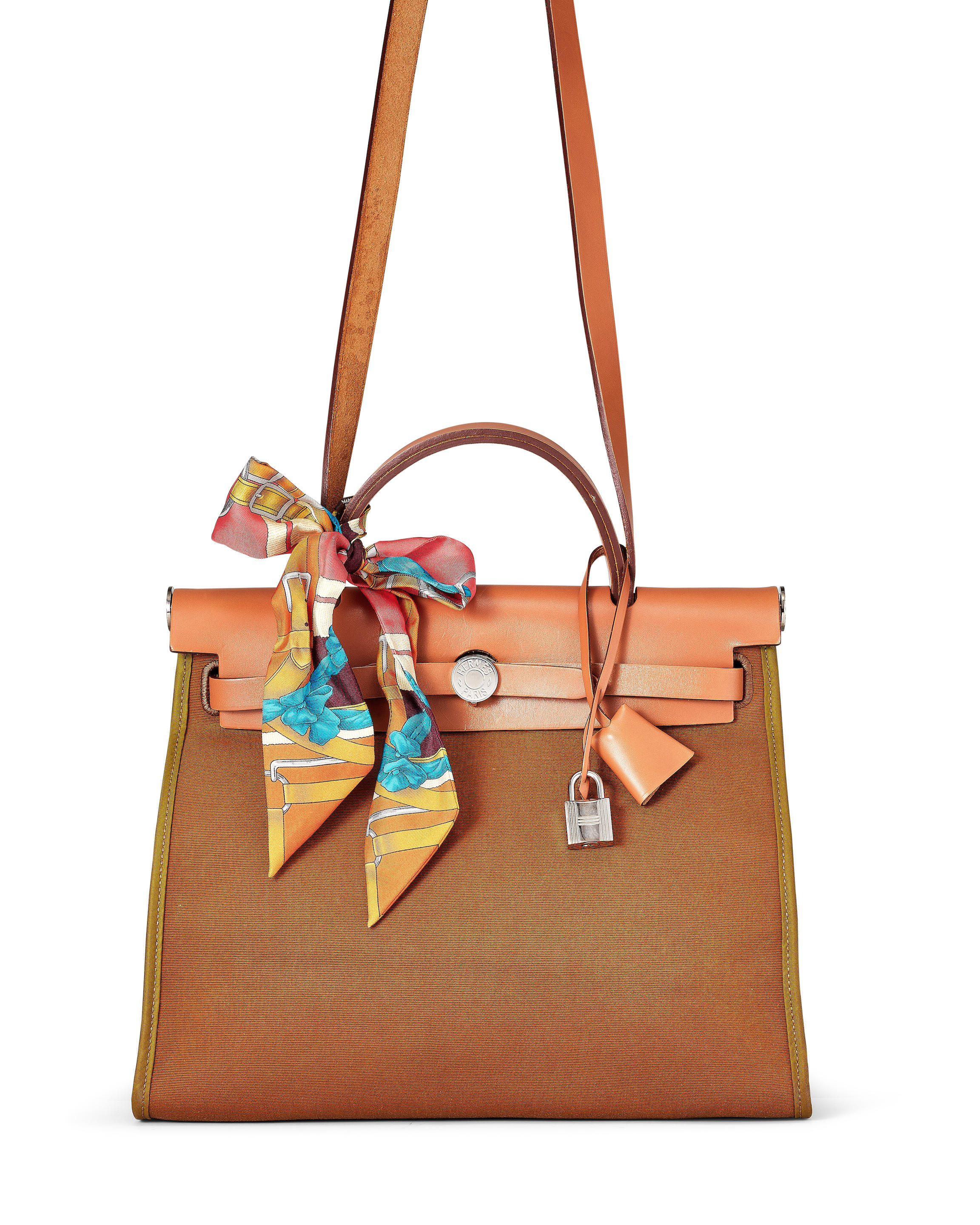 HERMÈS: VACHE HUNTER AND BROWN TOILE HERBAG ZIP 31 WITH SILVER TONED HARDWARE WITH A TWILLY 2015