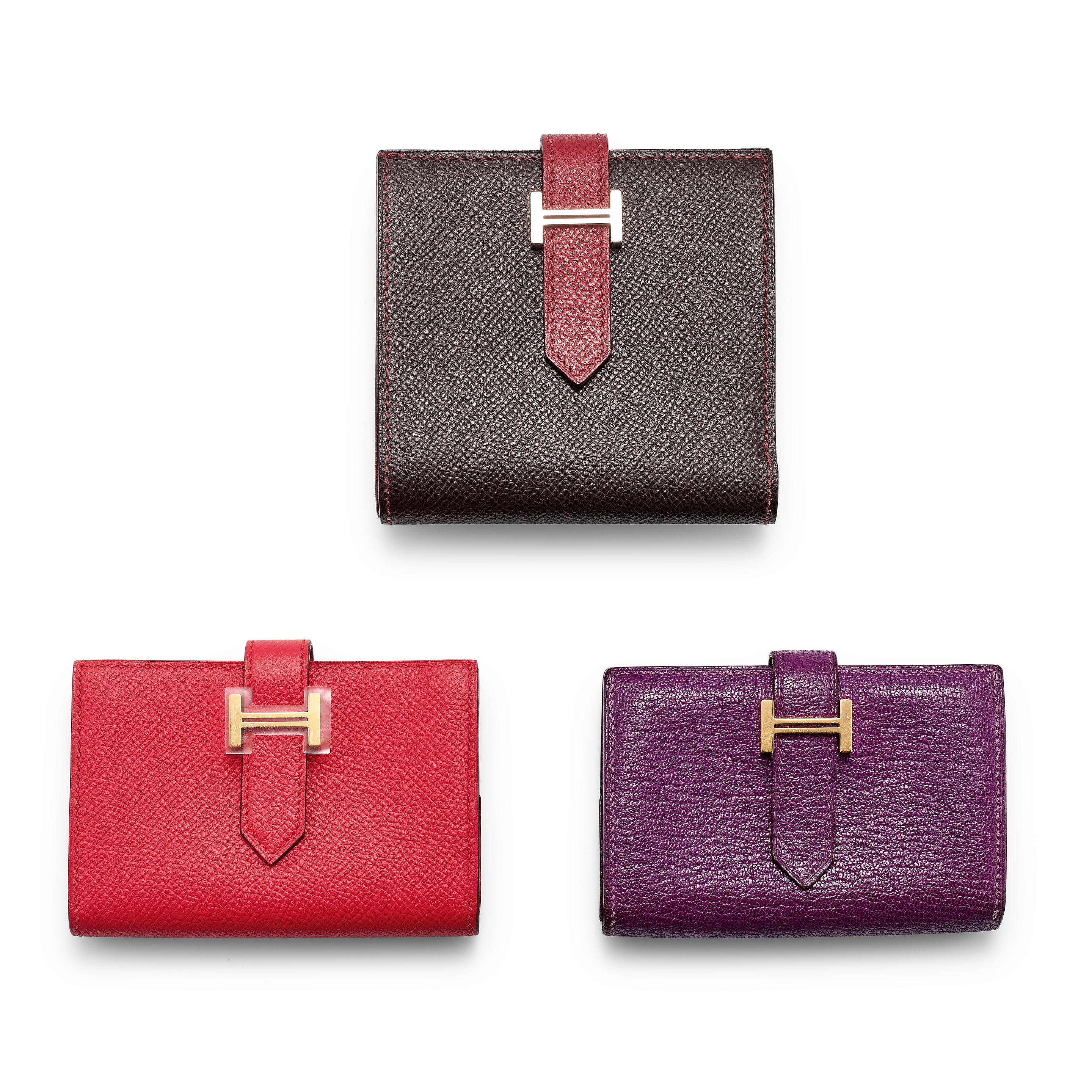 HERMES: A SET OF 3 RED EPSOM MINI BEARN CARD HOLDER; PURPLE EPSOM MINI BEARN CARD HOLDER; BROWN AND RED MYSORE BEARN WALLET