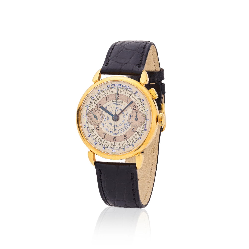 Eberhard & Co. An important 18K gold single pusher manual wind chronograph wristwatch