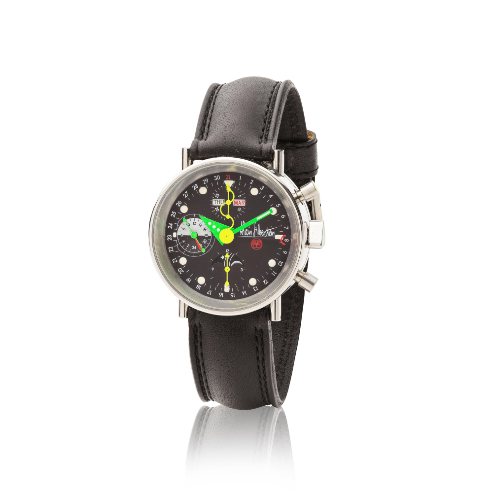 Alain Silberstein. A stainless steel automatic triple calendar chronograph wristwatch with moon phase and 24 hour indication
