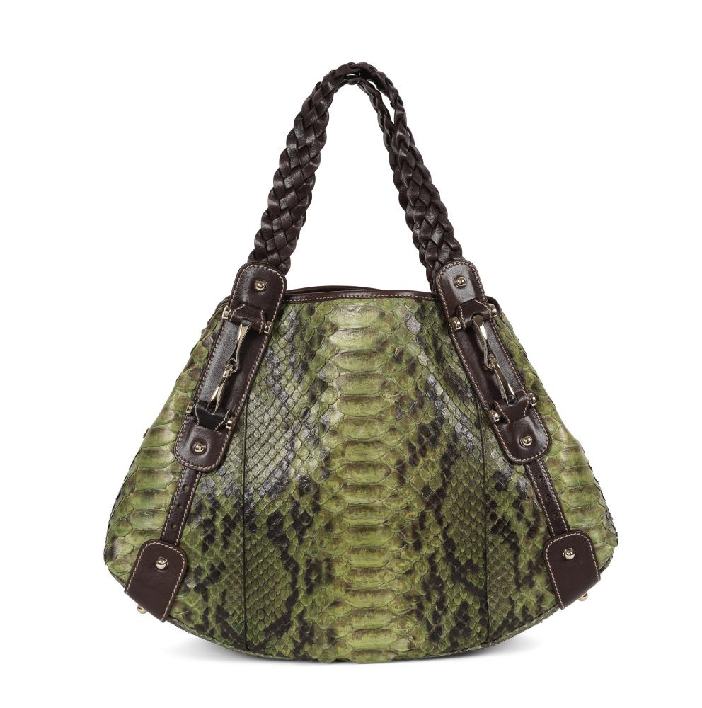 GUCCI. Sac Pelham en python vert et cuir lisse café.