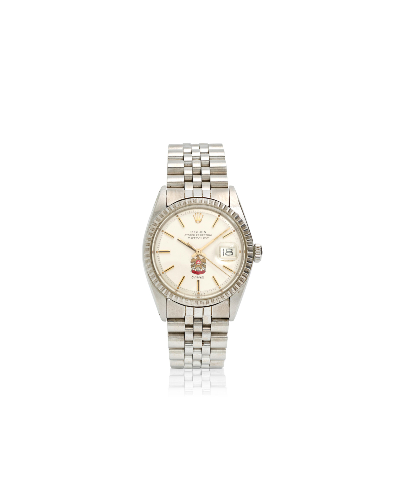 ROLEX. A STAINLESS STEEL AUTOMATIC CALENDAR BRACELET WATCH WITH UAE DESERT EAGLE LOGO
