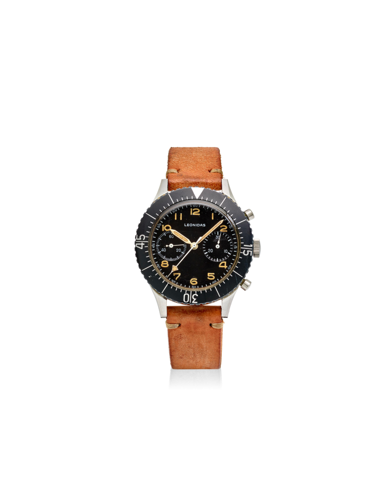 LEONIDAS. A STAINLESS STEEL MANUAL WIND FLYBACK CHRONOGRAPH WRISTWATCH WITH HACKING MINUTES MADE FOR THE ITALIAN NAVY