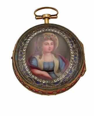 Jaques Coulin & Amy Bry, Geneve. A gold, enamel and paste set triple case key-wind pocket watch with verge escapement