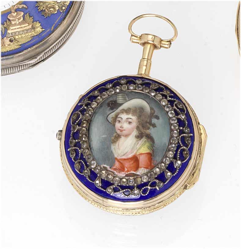 Jaques Coulin & Amy Bry. A late 18th century gold and enamel decorated pair cased pocket watch