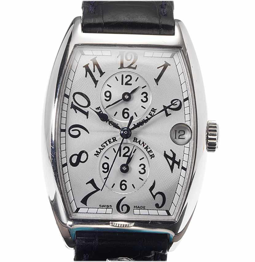 Franck Muller. A fine stainless steel automatic calendar watch with separate time dials for London, New York and Tokyo, together with fitted presentation box and papers