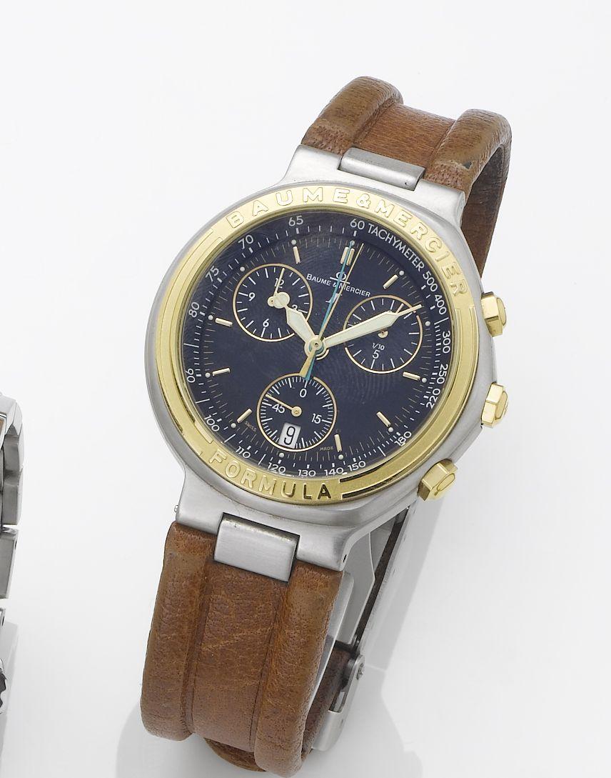 Baume & Mercier. A stainless steel and gold calendar split second chronograph wristwatch together with fitted box and papers