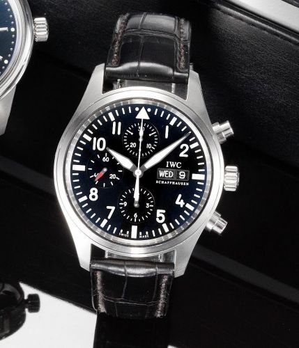 IWC. A fine stainless steel automatic chronograph calendar wristwatch together with fitted box and papers