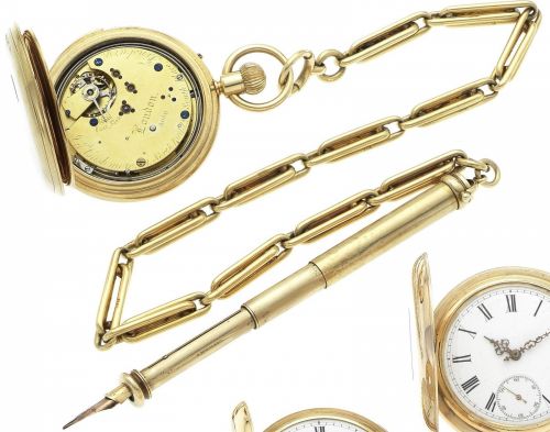 John Cashmore. A fine late 19th century 18ct gold quarter repeating full hunter pocket watch together with 18ct gold link chain and bloodstone set fountain pen signed S. Mordan & Co