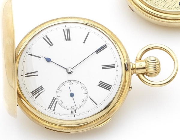 Reid & Sons. An 18ct gold keyless wind minute repeating full hunter pocket watch Numbered 16046, London Hallmark for 1864
